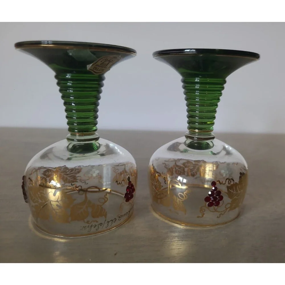 Set 2 Wittig Romer German Green Beehive Stem Gold Grapevine Cordial Glasses 4”